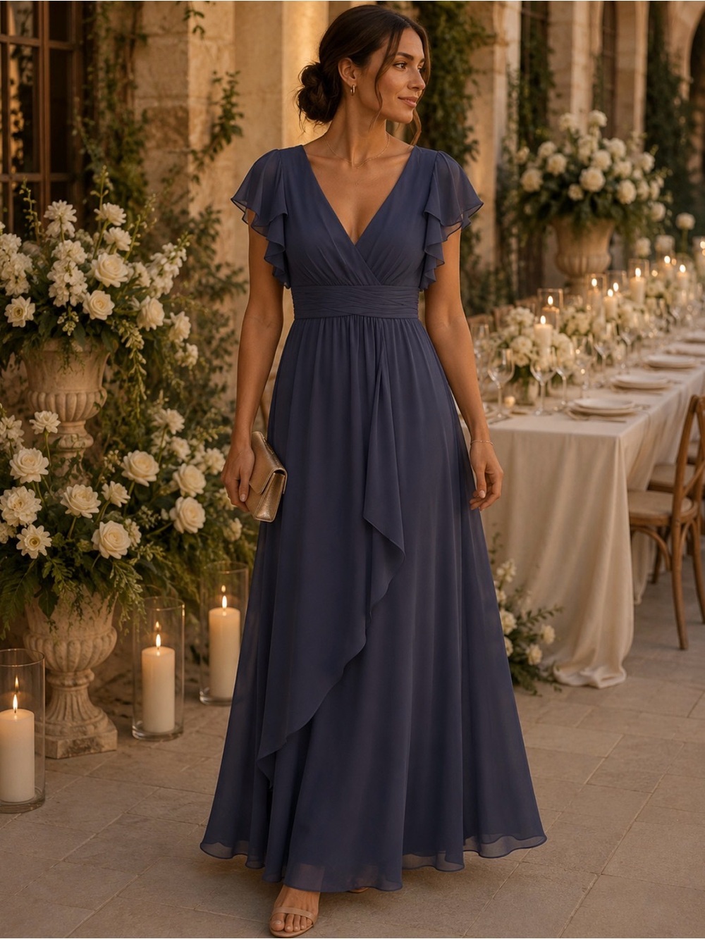 JJ's House Navy Blue Ruffle Sleeve V-Neck Maxi Dress